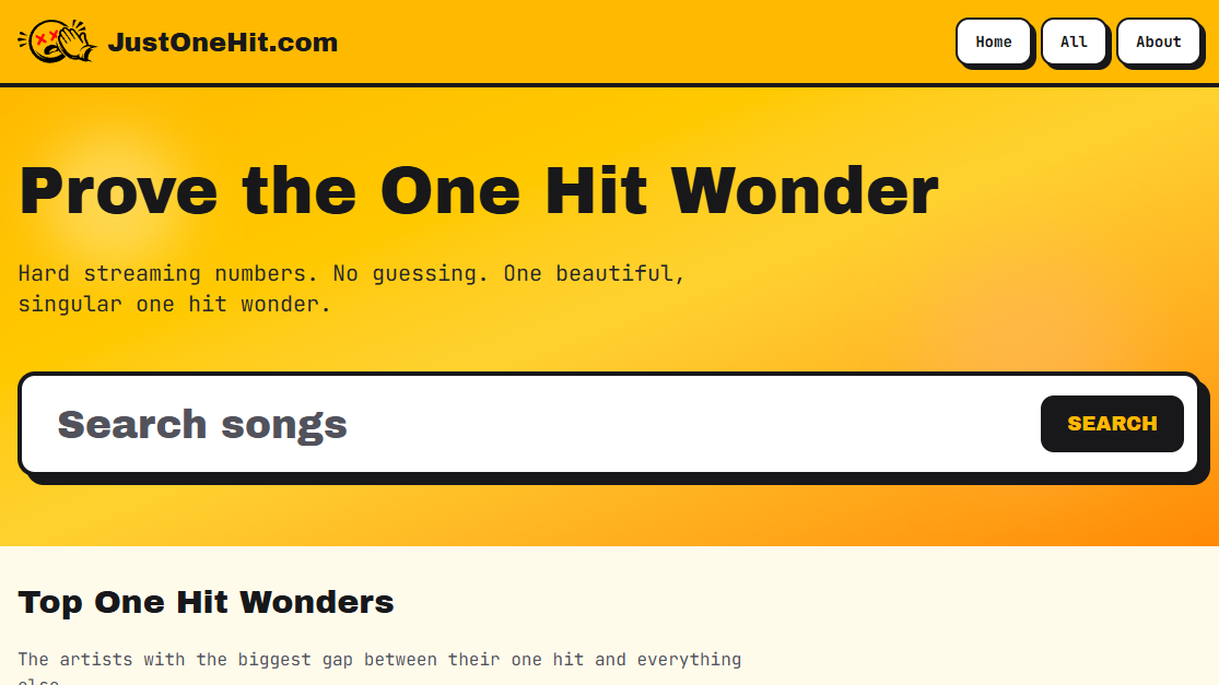JustOneHit homepage screenshot